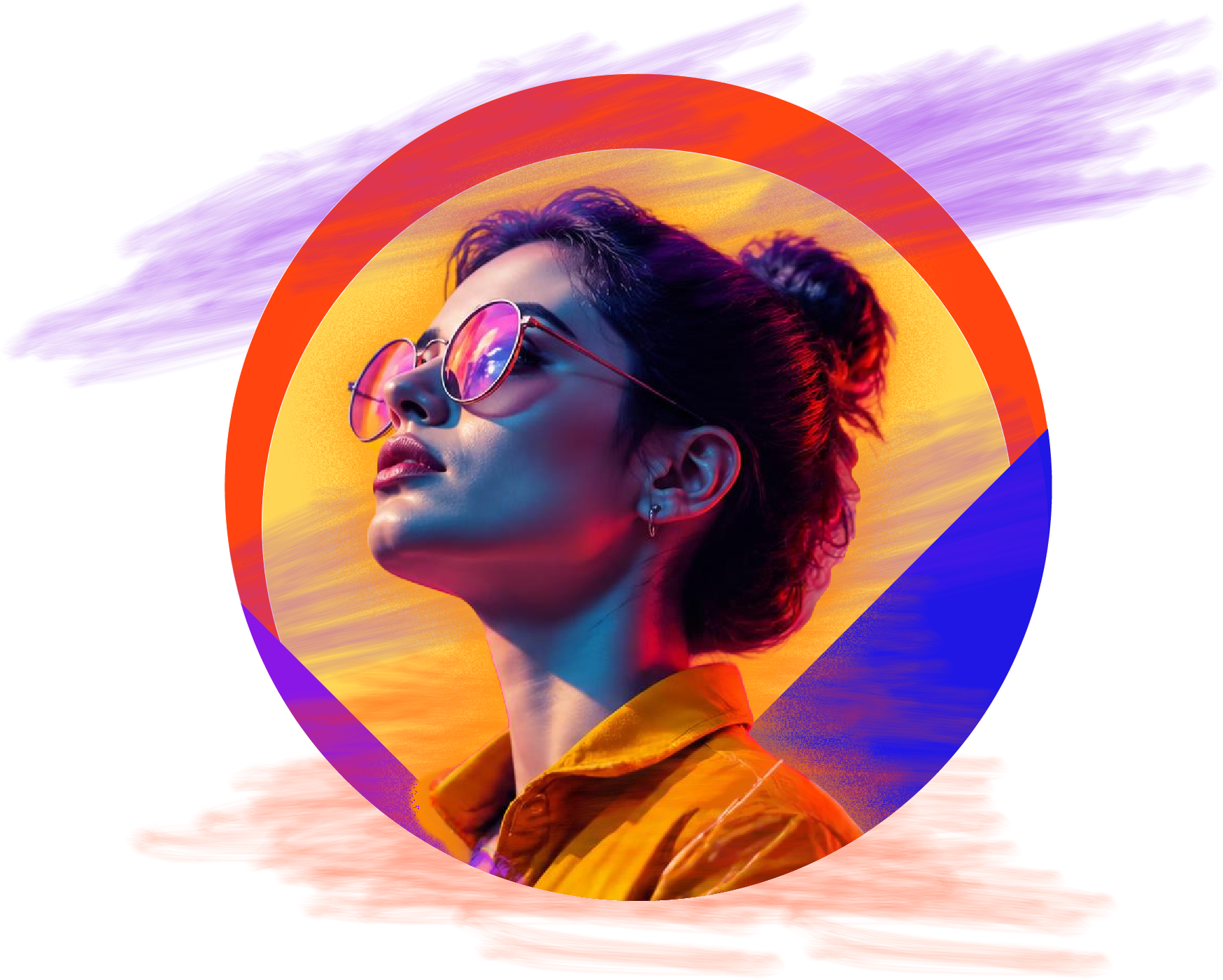 Portrait of a woman lit in neon colours, representing bold creative work